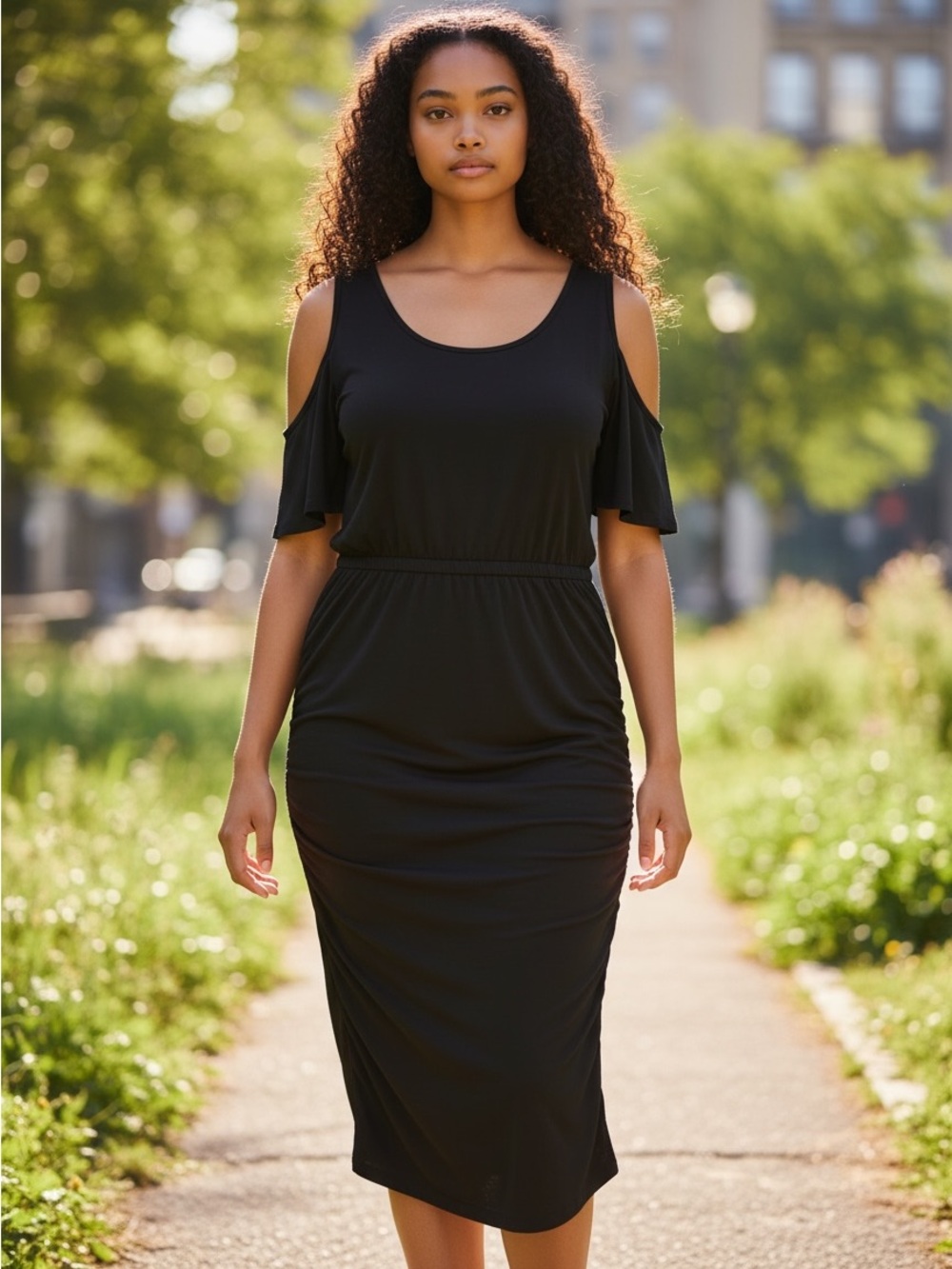NWT Torrid Black Cold Shoulder Ruched Maxi Dress Size 1 Women’s.